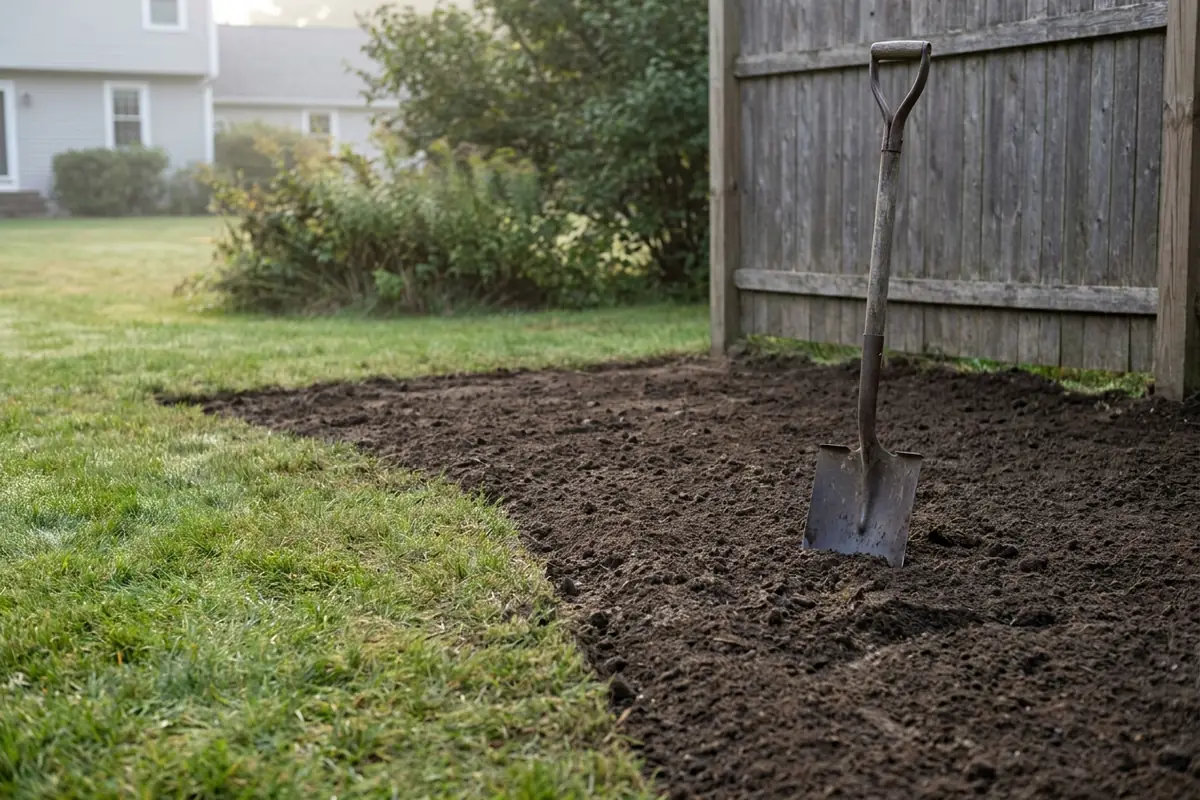 A backyard corner after complete bamboo removal: freshly graded bare soil raked smooth, meeting healthy lawn, a spade standing in the soil