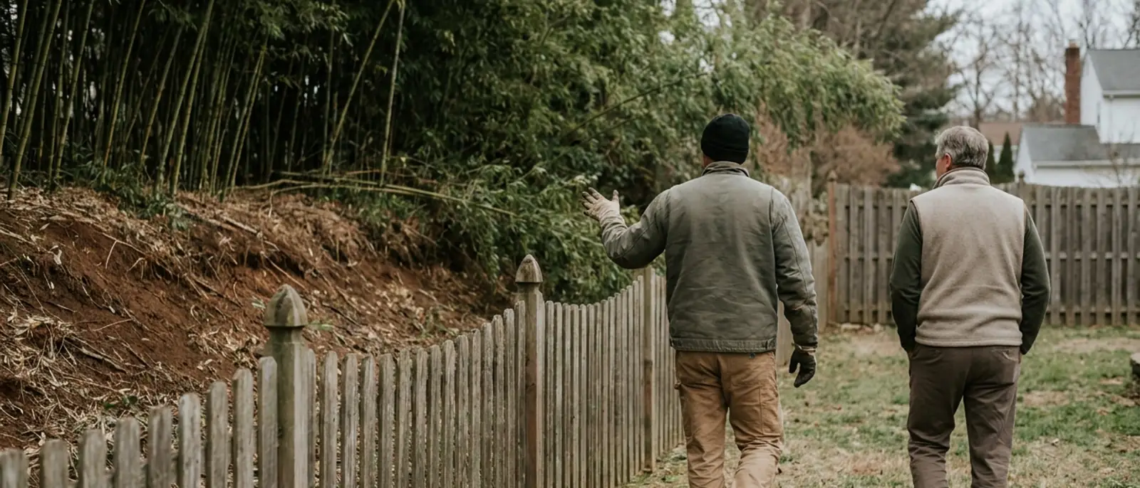 A contractor walking a fence line with a homeowner, gesturing toward a bamboo grove