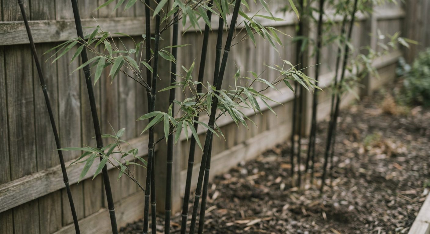 Close-up of black bamboo, dark slender canes with green leaves against a fence
