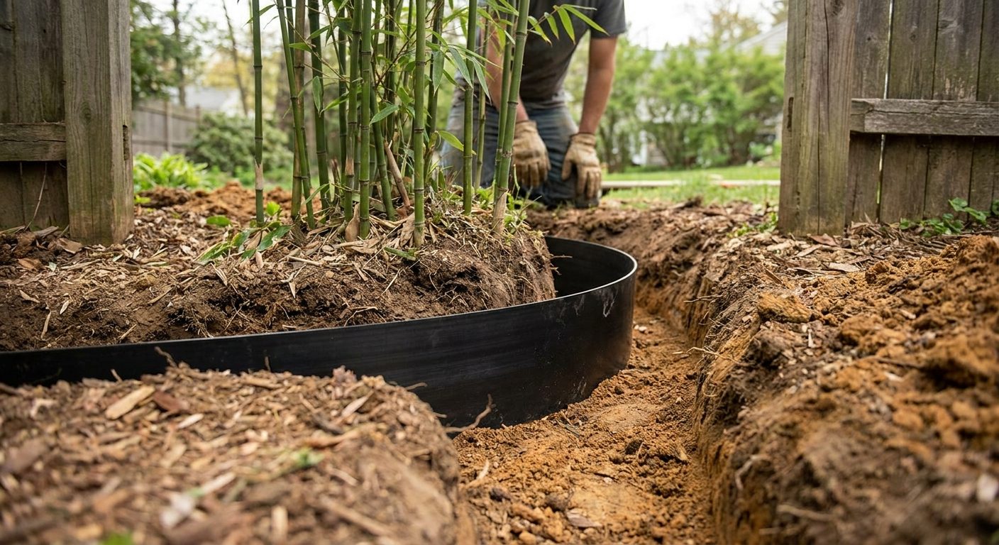 A black HDPE root barrier installed in a freshly dug trench around a bamboo planting