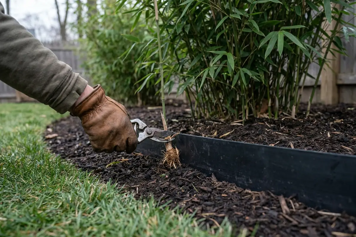 A gloved hand pruning a stray bamboo rhizome at a black root-barrier lip along a mulched bed edge
