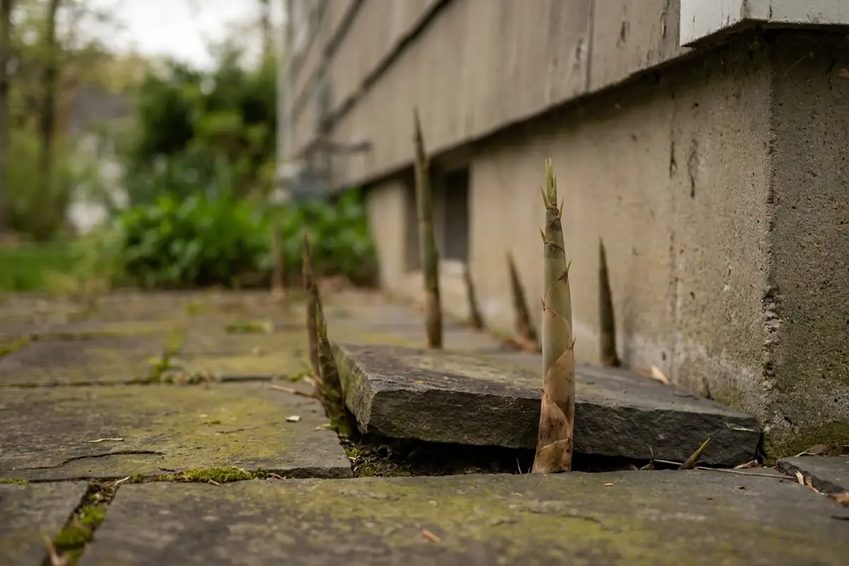 Invasive bamboo shoots erupting between bluestone patio pavers beside a house foundation, tilting one paver
