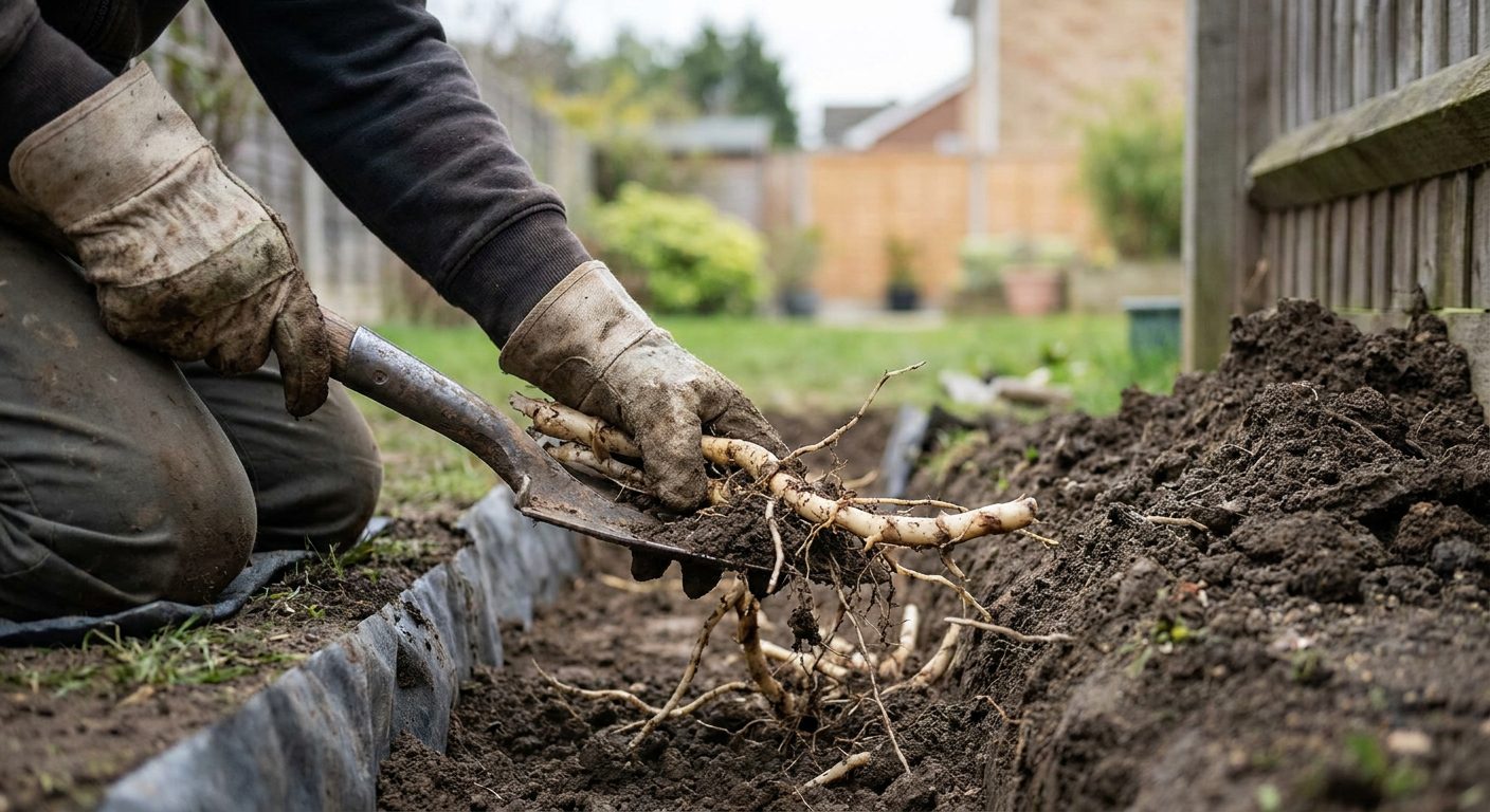Gloved hands excavating thick pale bamboo rhizome roots from dark soil in a backyard trench