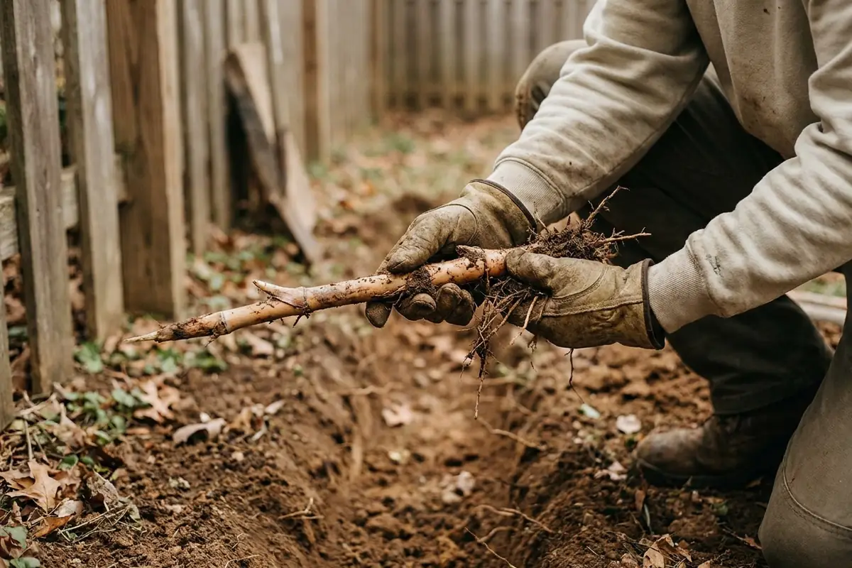 A freshly excavated bamboo rhizome held in gloved hands above an open trench