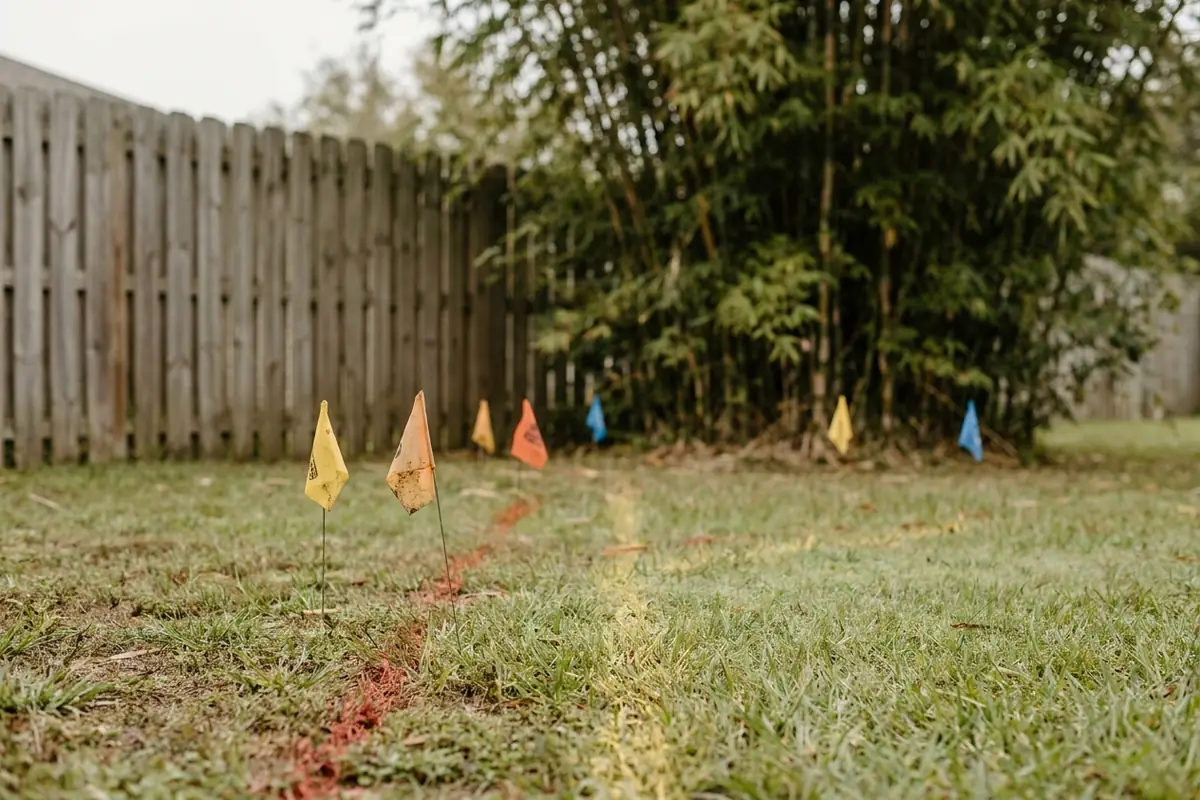 Colored 811 utility-locate flags and painted locate lines on a lawn near the edge of a bamboo stand