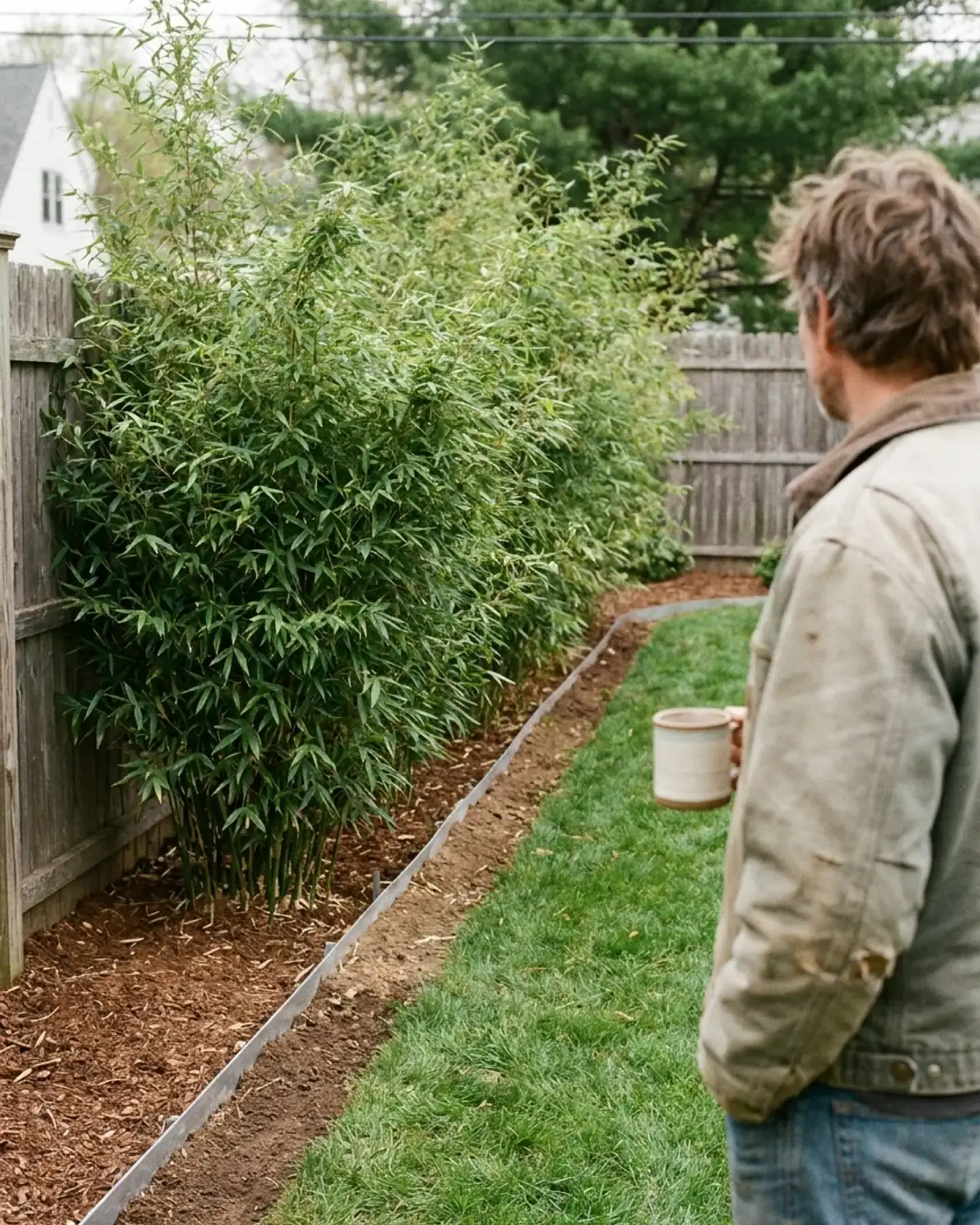 A happy homeowner with a coffee mug admiring a neatly contained bamboo privacy screen behind a crisp lawn edge
